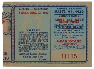 Lot #911 New York Yankees vs. Washington Senators 1942 Military Benefit Ticket Stub: Babe Ruth's 'Last Home Run' - Image 1
