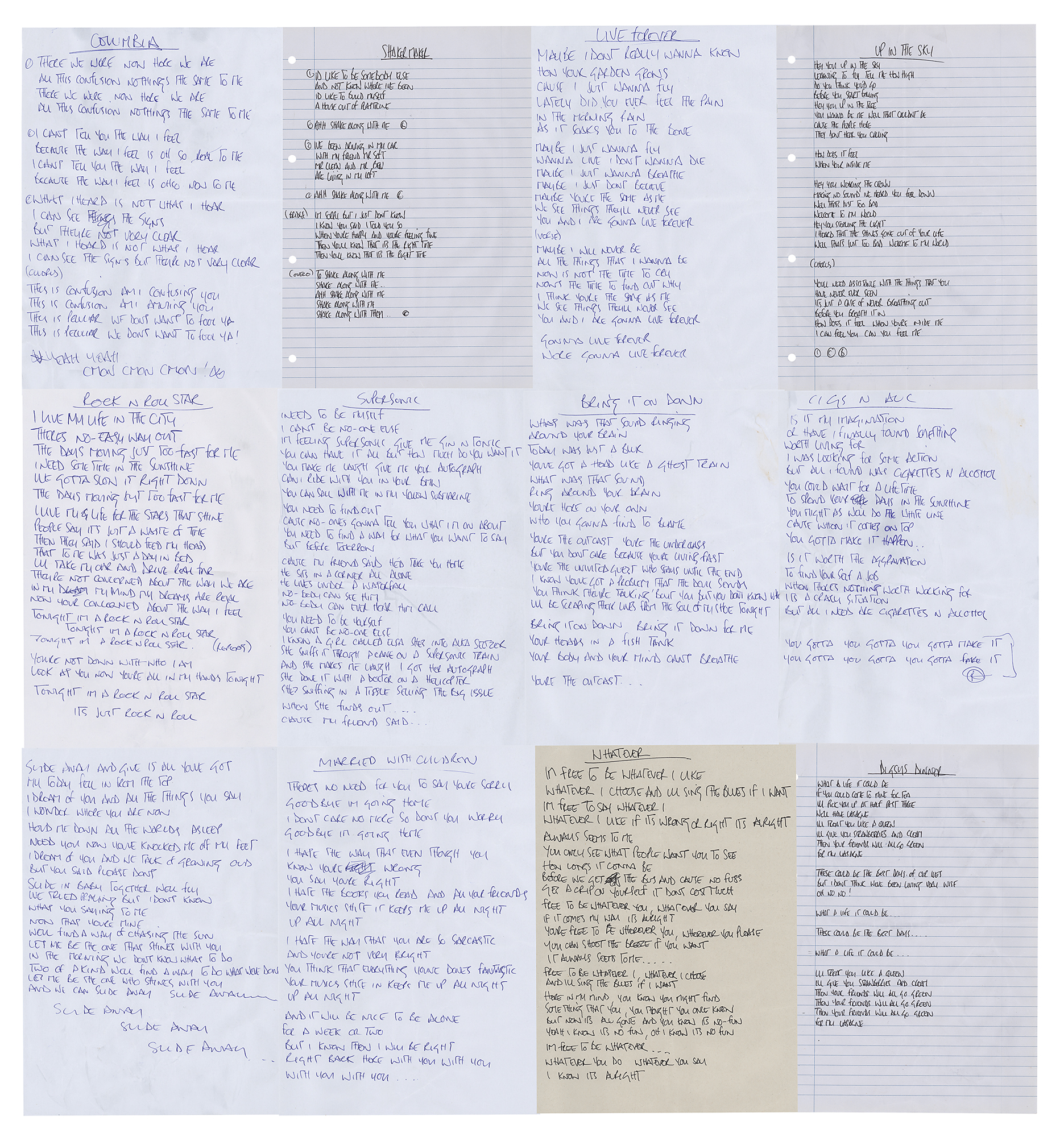 Lot #628 Oasis: Noel Gallagher Handwritten Lyrics