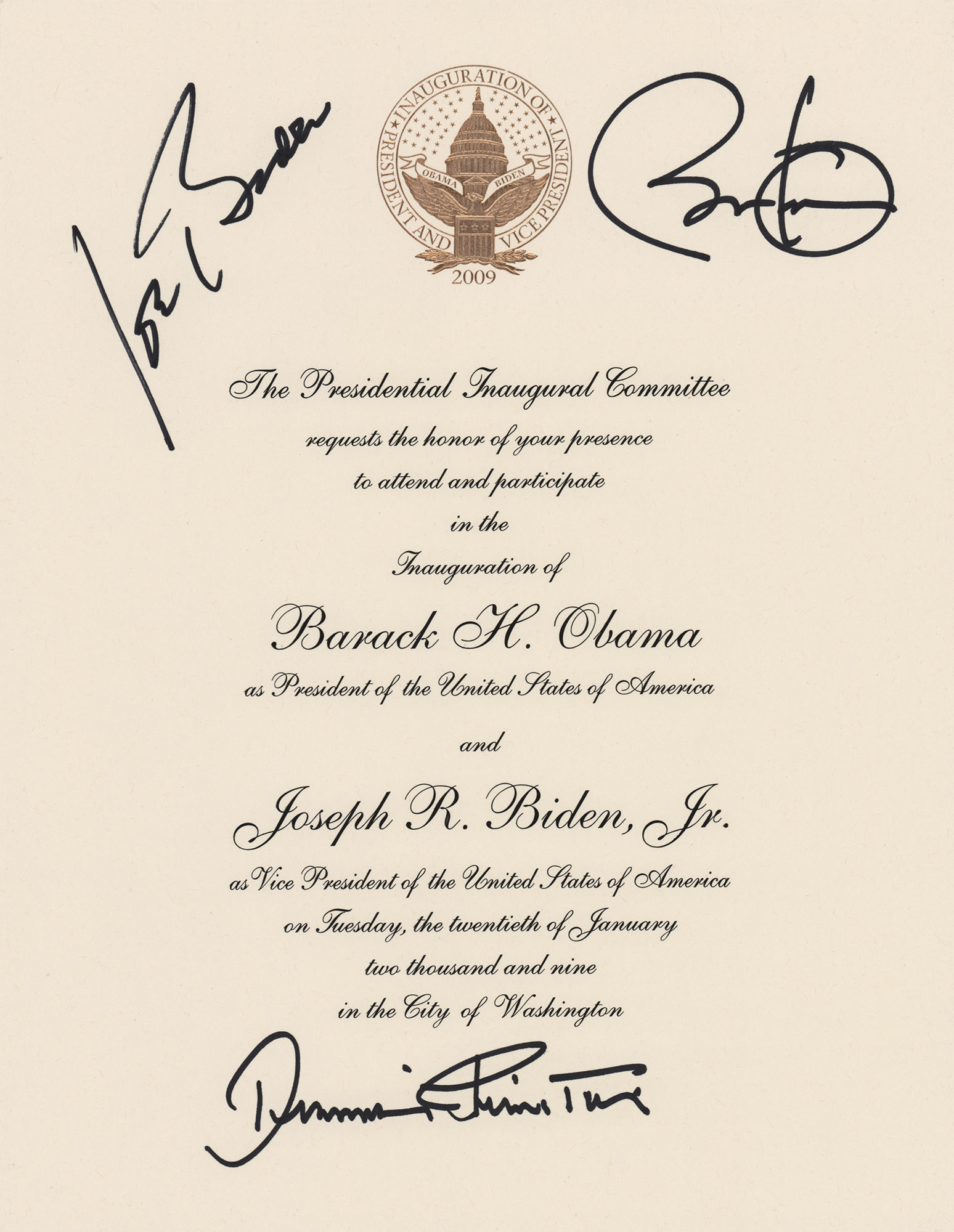 Lot #30 Barack Obama and Joe Biden Signed Inauguration Invitation and Ephemera - Image 1