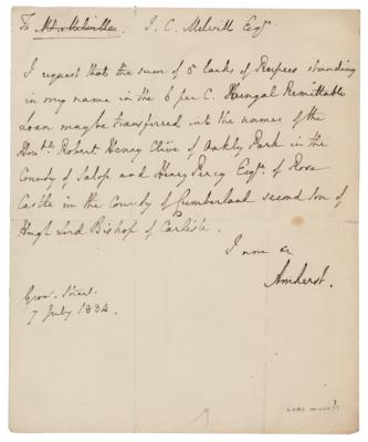 Lot #203 William Amherst, 1st Earl Amherst Autograph Letter Signed - Image 1