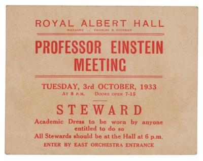 Lot #174 Albert Einstein: 1933 Royal Albert Hall Admission Pass - Image 1