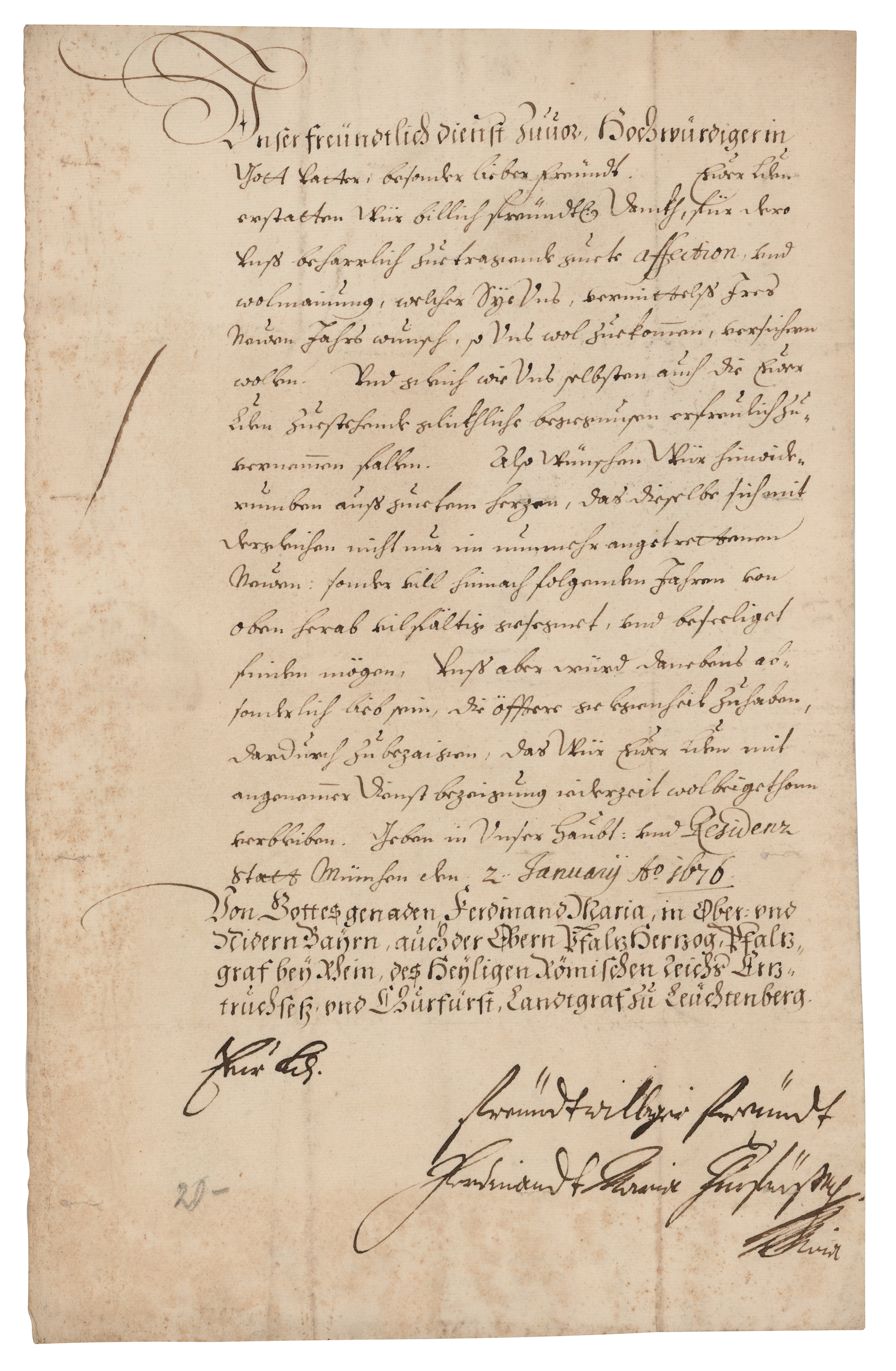 Lot #264 Ferdinand Maria, Elector of Bavaria Document Signed - Image 1