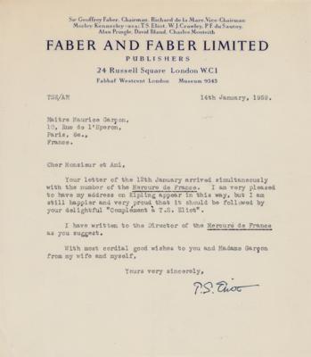 Lot #574 T. S. Eliot Typed Letter Signed - Image 1
