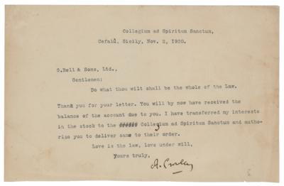 Lot #703 Aleister Crowley Typed Letter Signed - Image 1