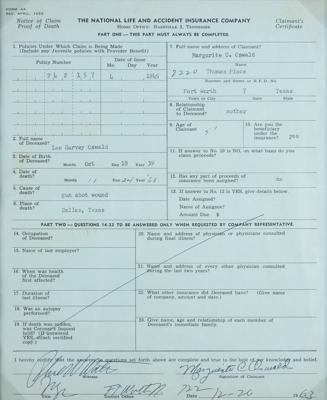 Lot #196 Kennedy Assassination: Lee Harvey Oswald Life Insurance Death Claim - Image 2