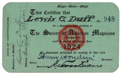 Lot #864 Harry Houdini Signed SAM Membership Card