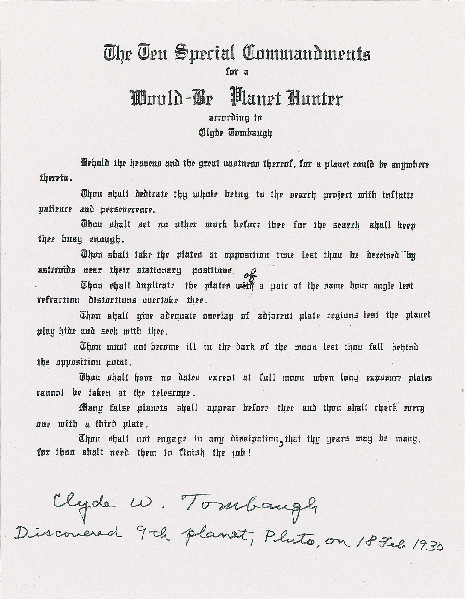Lot #468 Clyde W. Tombaugh Signed Souvenir Typescript - Image 1