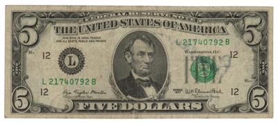 Lot #26 Ronald Reagan Signed Five Dollar Bill - Image 2