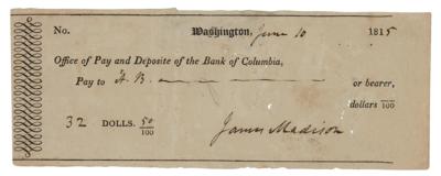 Lot #3 James Madison Check Signed as President