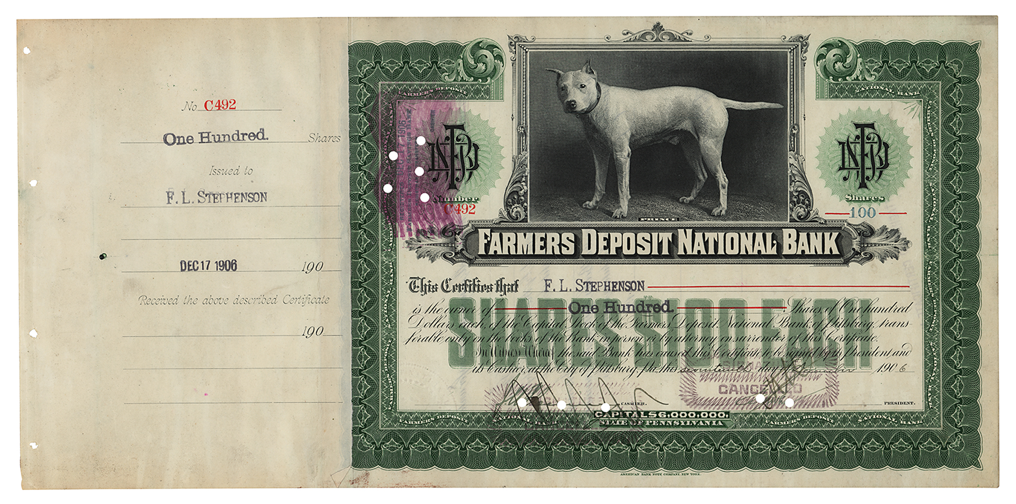 Farmers Deposit National Bank Stock Certificate RR Auction