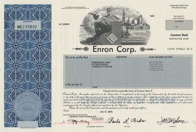 Lot #279 Enron Corporation Stock Certificate