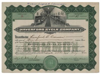 Lot #307 Haverford Cycle Company Stock Certificate - Image 1