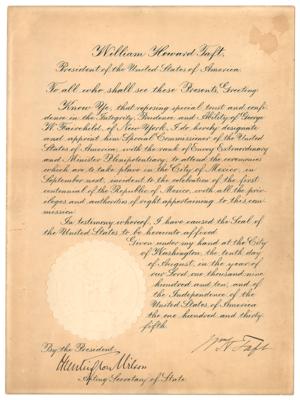 Lot #119 William H. Taft Document Signed as