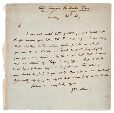 Lot #744 John Ruskin Autograph Letter Signed - Image 1
