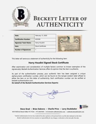 Lot #865 Harry Houdini Signed Stock Certificate - Image 2