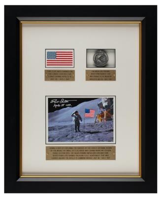 Lot #9385 Dave Scott's Apollo 15 Lunar Landed Flag and Lunar Orbited Metal Robbins Medallion Display - Image 1