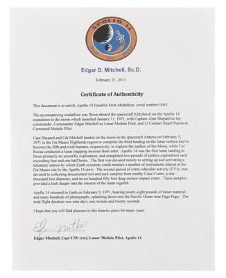 Lot #9344 Edgar Mitchell's Flown Apollo 14 Franklin Mint Medallion - Image 3