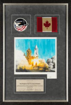 Lot #9547 STS-2 Flown Canadian Flag and Mission Patch Display with Original Chris Calle Artwork - Image 1