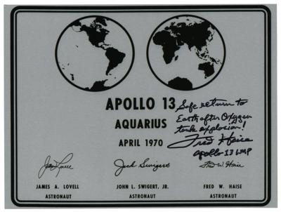 Lot #9310 Fred Haise Signed Apollo 13 Plaque