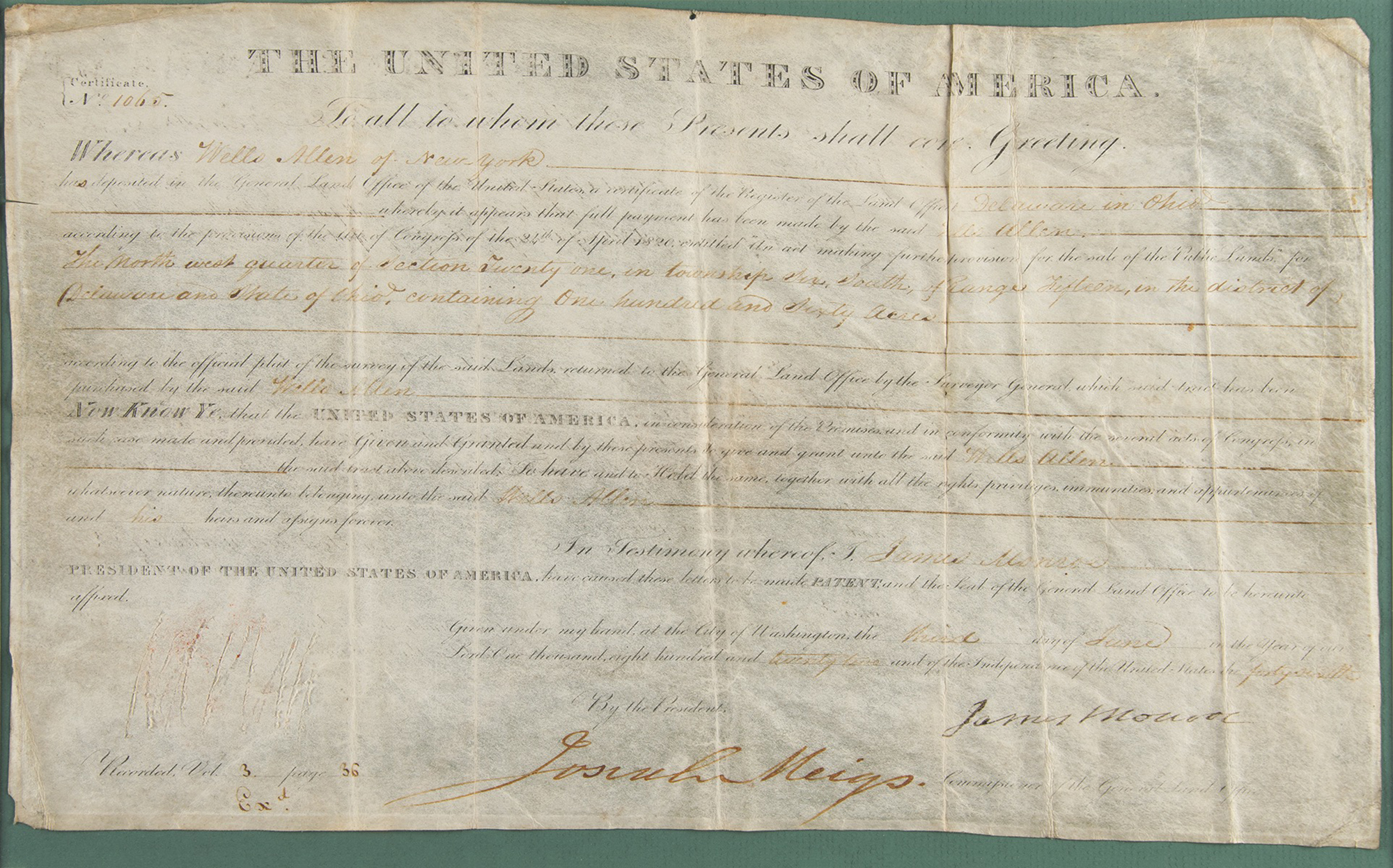 Lot #74 James Monroe Document Signed as President