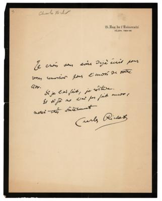 Lot #279 Charles Richet Autograph Letter Signed - Image 1