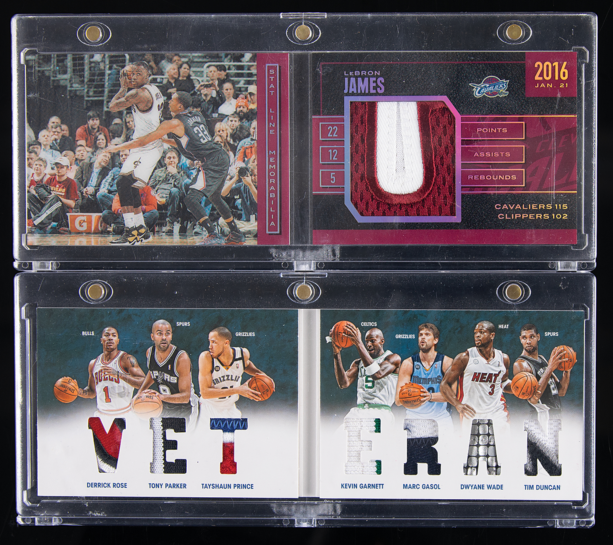 Lot #881 2012-16 Panini Preferred Stat Line LeBron James and Veteran Patch Relics (/25)