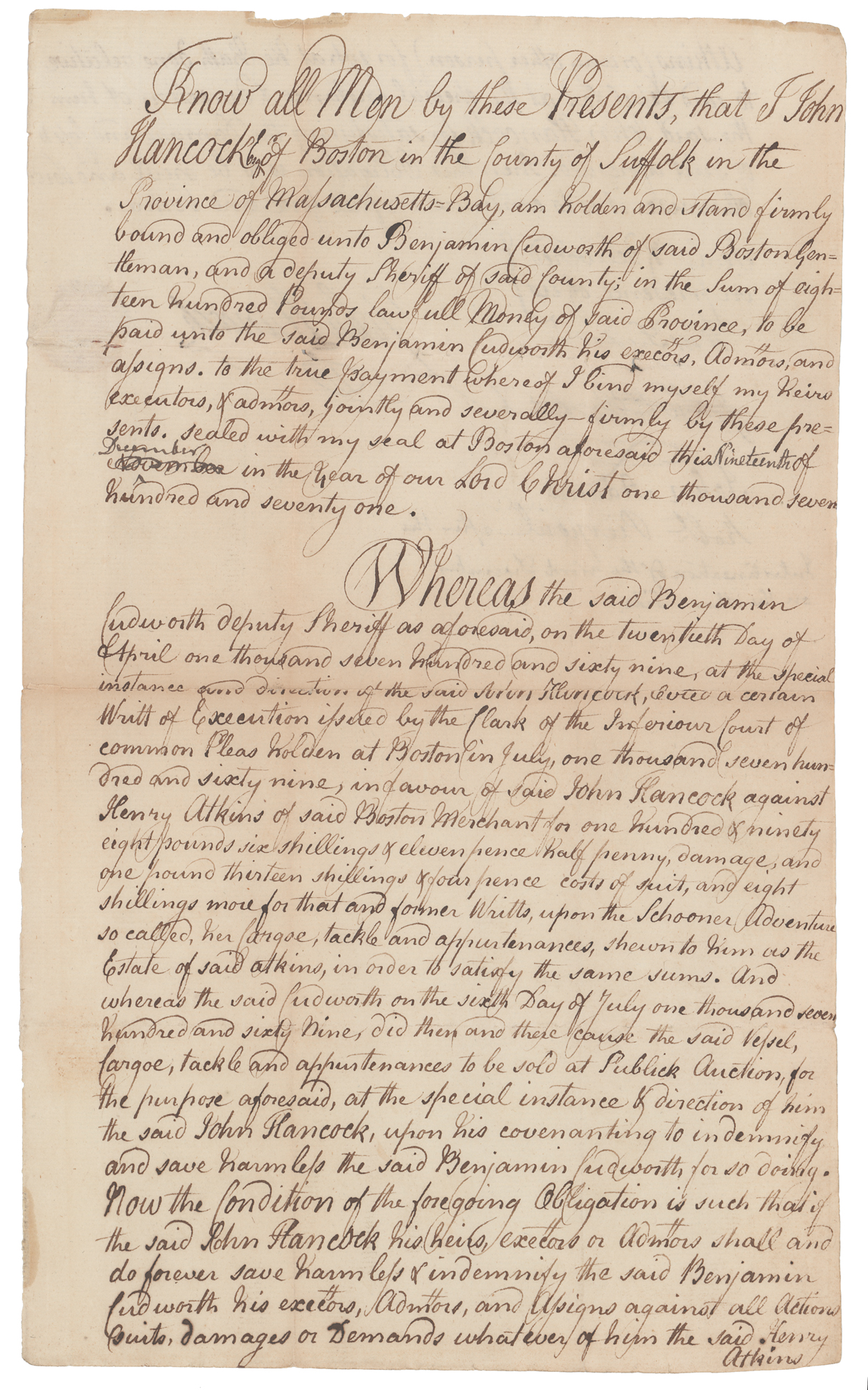 Lot #97 John Hancock and John Adams Document Signed