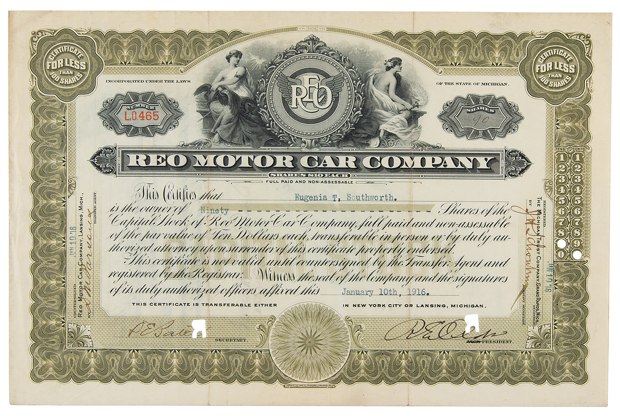 Lot #259 Ransom E. Olds Signed Stock Certificate