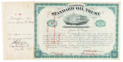 Lot #110 John D. Rockefeller, Henry Flagler, and Jabez A. Bostwick Signed Stock Certificate - Image 1