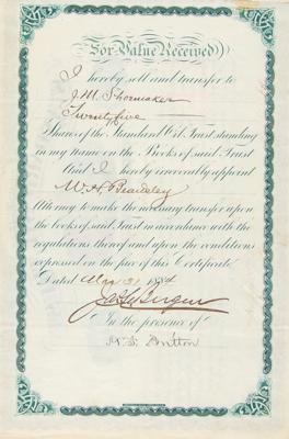 Lot #110 John D. Rockefeller, Henry Flagler, and Jabez A. Bostwick Signed Stock Certificate - Image 2