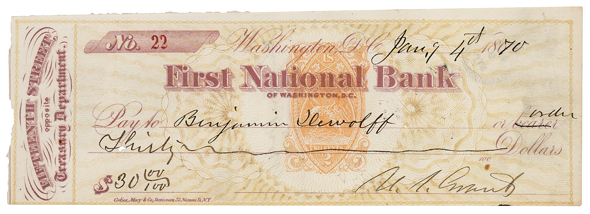 Lot #12 U. S. Grant Signed Check as President