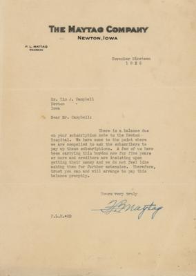 Lot #241 F. L. Maytag Typed Letter Signed