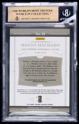 Lot #807 2014 National Treasures Colossal Materials Manny Machado Prime Game-Used Logo Patch (4/9) (BGS GEM MINT 9.5) - Image 2