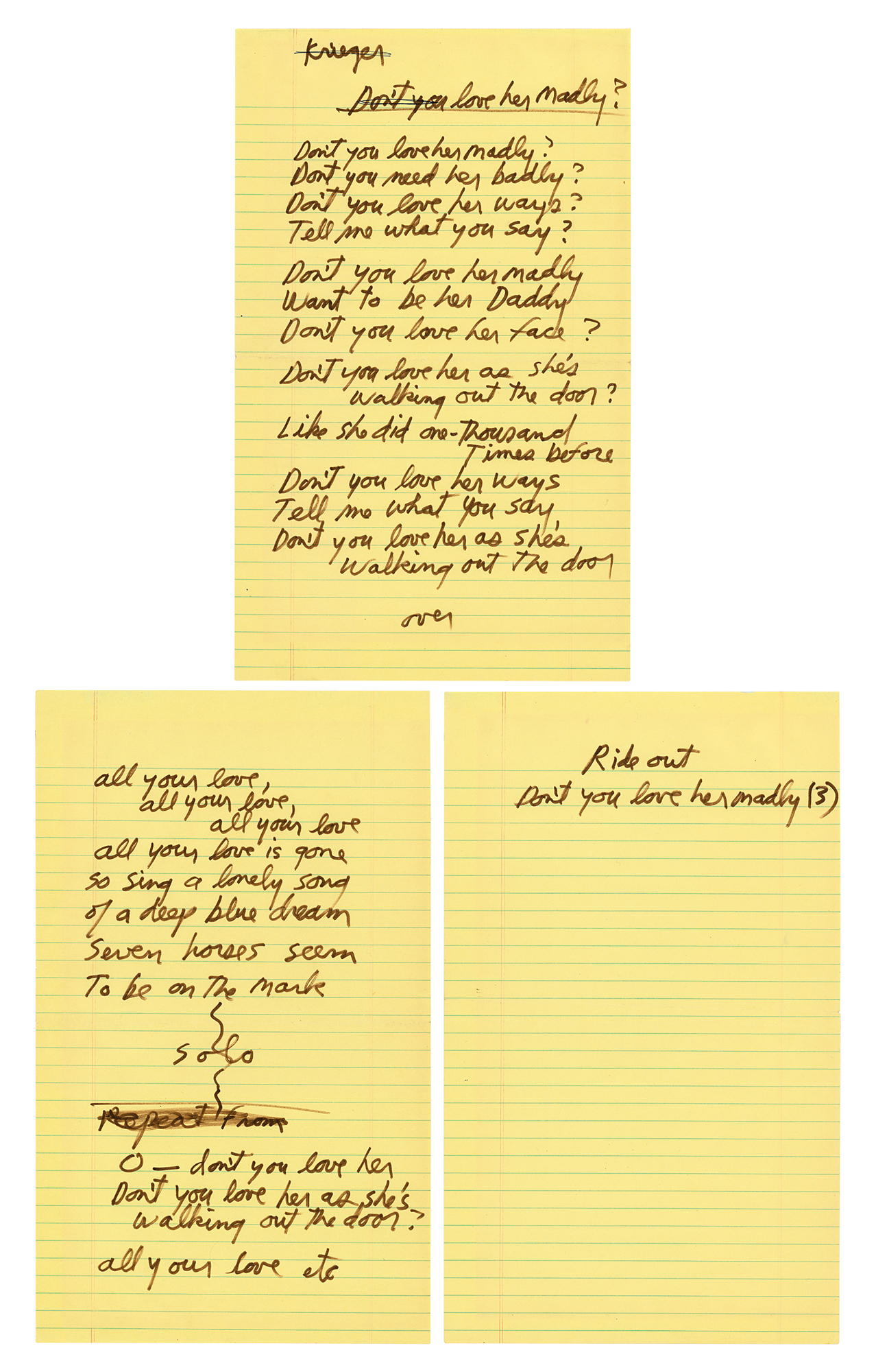 Lot #2127 Jim Morrison Handwritten Lyrics for 'Love Her Madly'