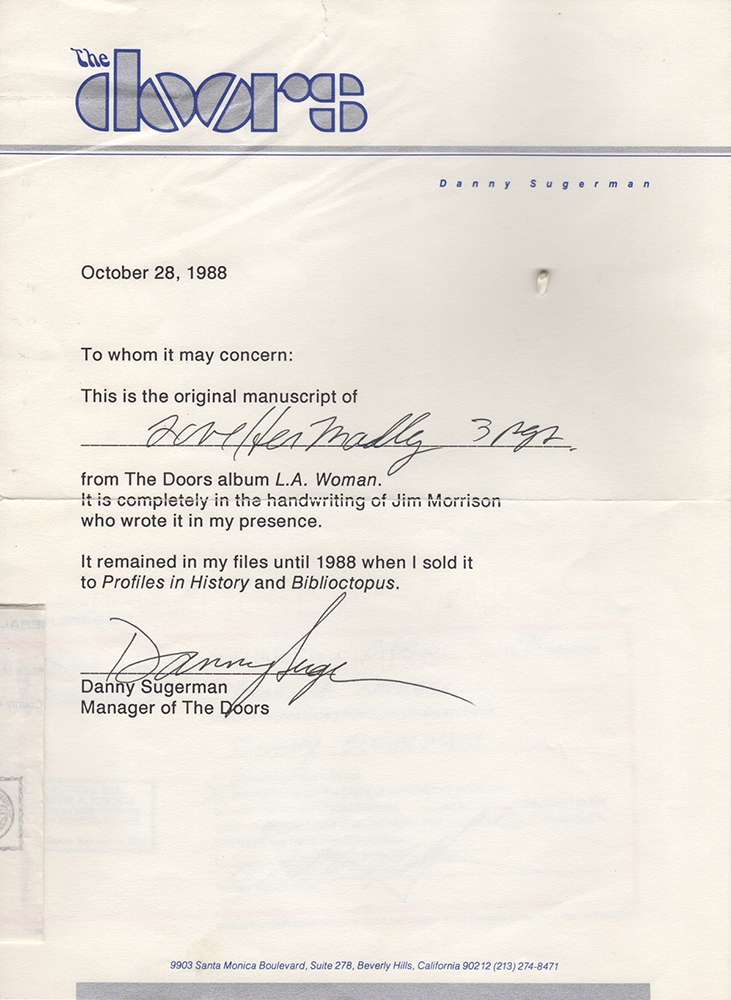 Lot #2127 Jim Morrison Handwritten Lyrics for 'Love Her Madly' - Image 5