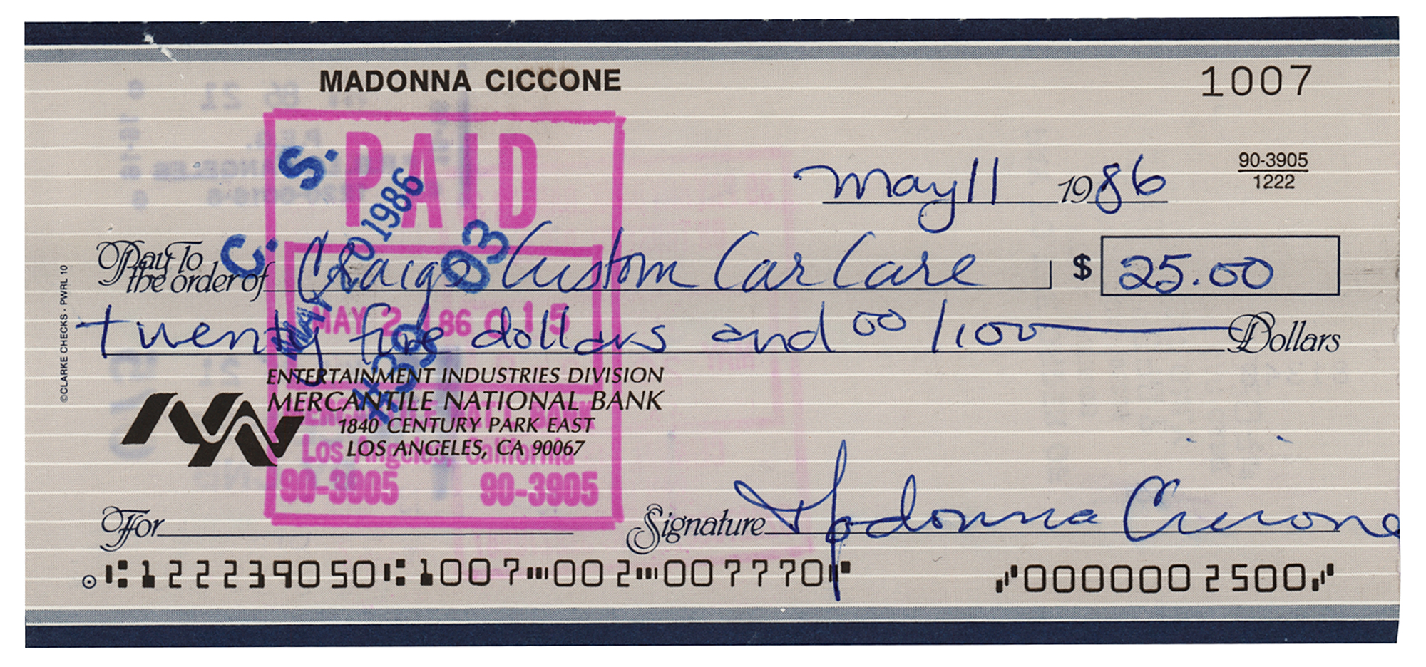 Lot #2306 Madonna Signed Check