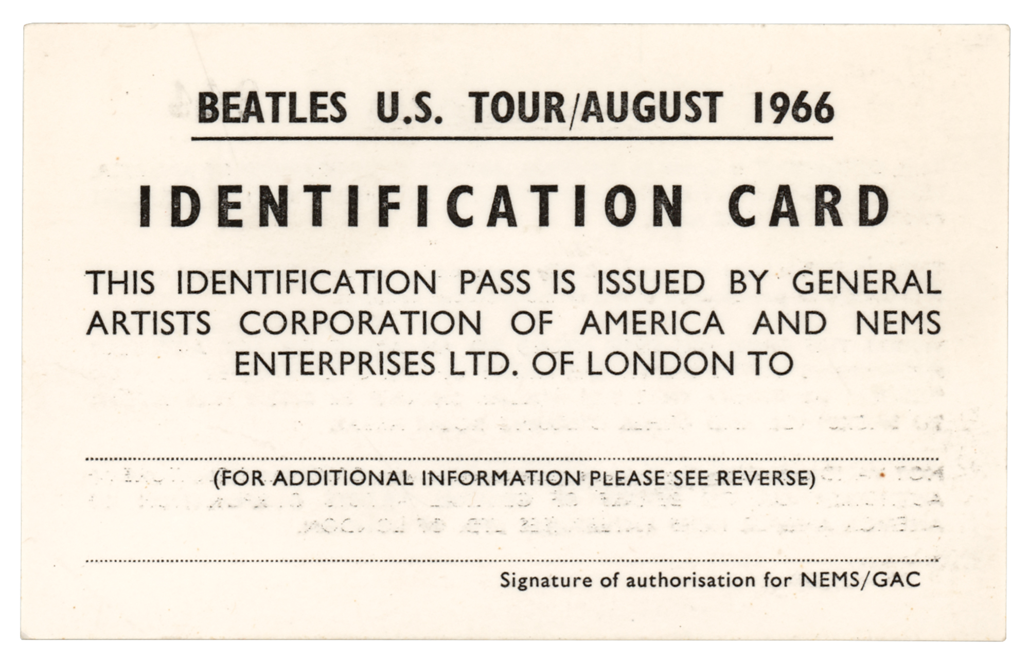 Lot #2047 Beatles 1966 US Tour ID Card