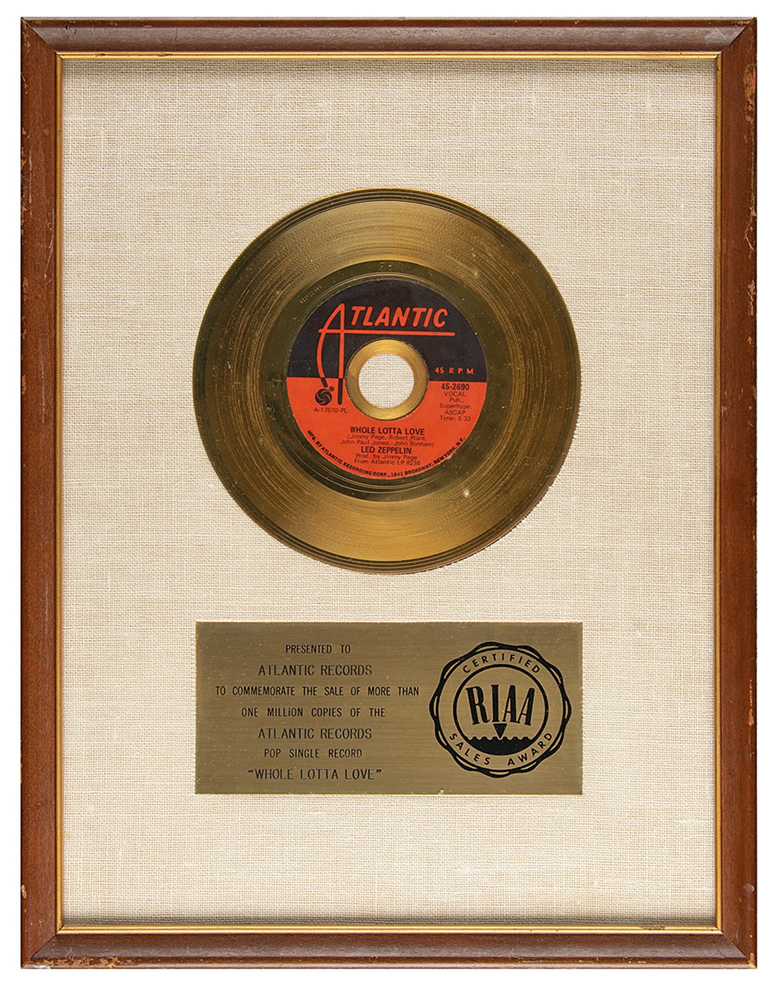Lot #2141 Led Zeppelin RIAA Sales Award for 'Whole Lotta Love'