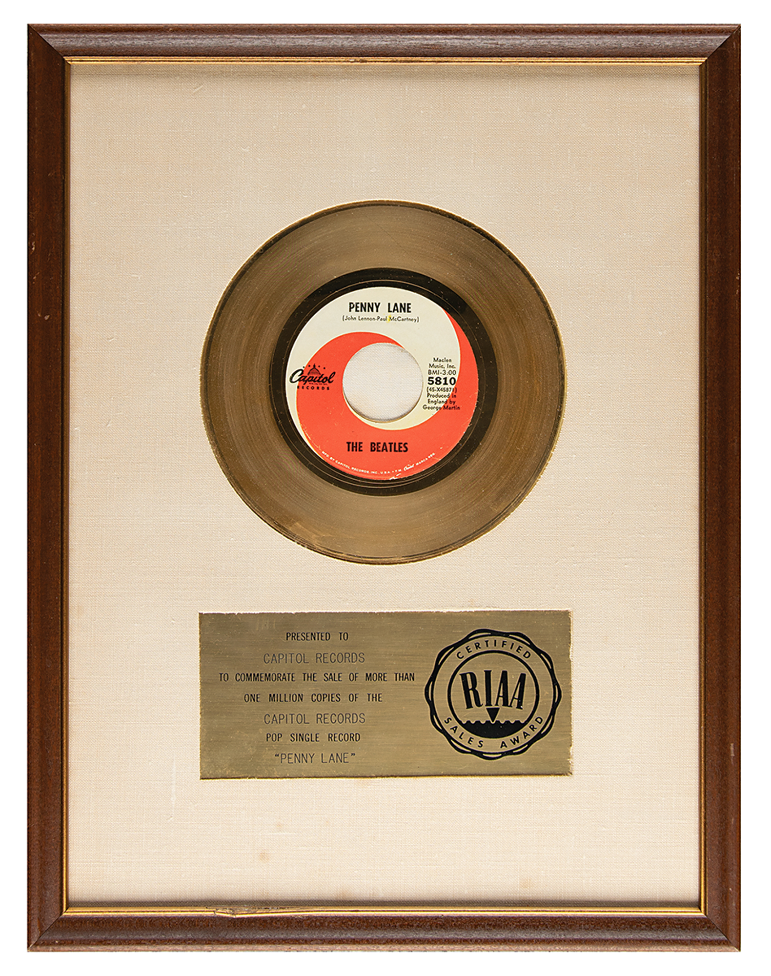 Lot #2025 Beatles RIAA Sales Award for 'Penny Lane'