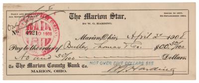 Lot #72 Warren G. Harding Signed Check