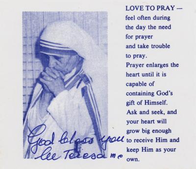 Lot #262 Mother Teresa Signed Prayer Card