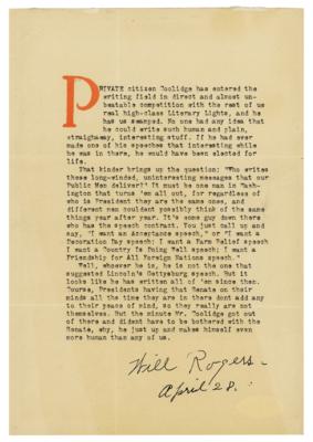 Lot #605 Will Rogers Signed Statement on Calvin Coolidge - Image 1