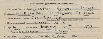 Lot #572 Elizabeth Taylor Document Filled Out and Signed Thrice as a 10-Year-Old - Image 5