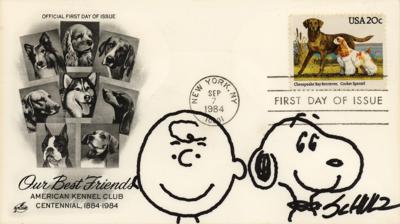 Lot #857 Charles Schulz Signed FDC with Original Sketches of Charlie Brown and Snoopy