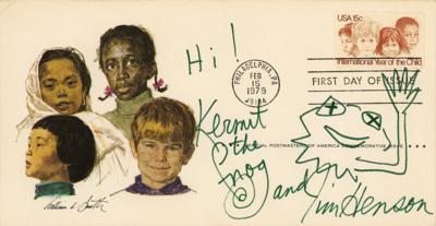 Lot #591 Jim Henson Signed FDC with Original Sketch of Kermit the Frog