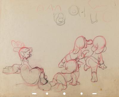 Lot #663 Dopey, Happy, Sleepy, Grumpy, and Sneezy rough production drawing from Snow White and the Seven Dwarfs - Image 1