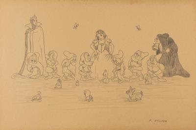 Lot #664 Frank Follmer preliminary concept 'size comparison' model sheet drawing from Snow White and the Seven Dwarfs