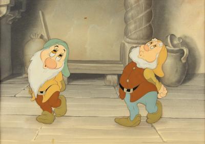 Lot #669 Bashful and Happy production cel and master production background from Snow White and the Seven Dwarfs - Image 1