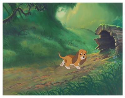 Lot #772 Copper production cel on a preliminary production background from The Fox and the Hound - Image 1