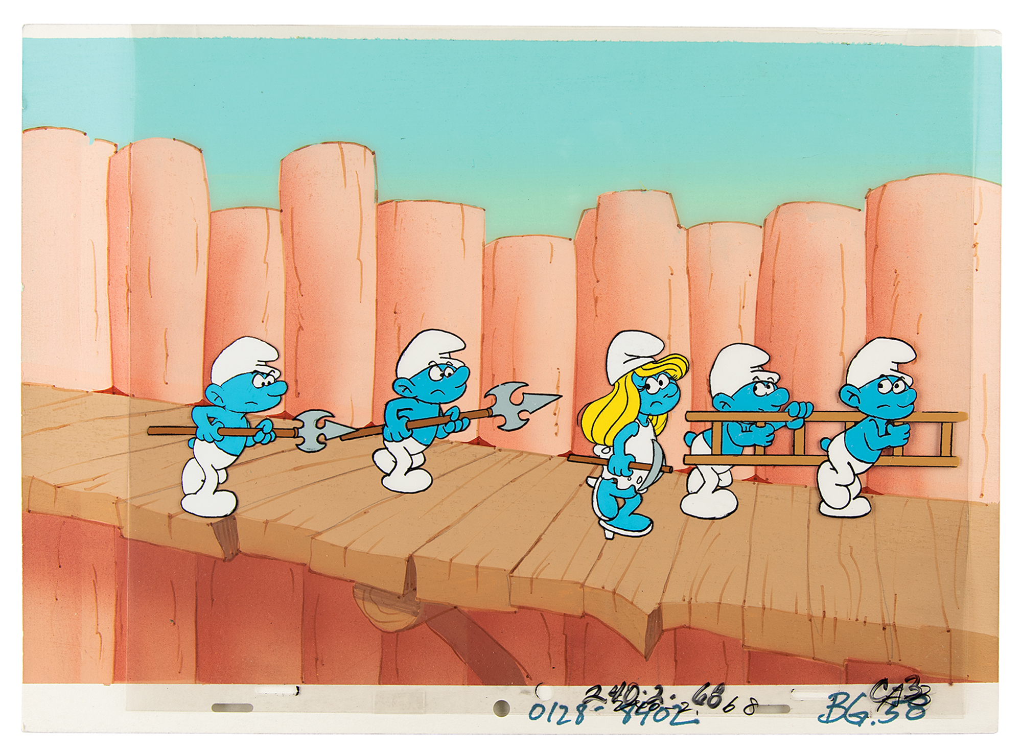 Lot #851 Smurfette and four Smurfs production cel and master production background from The Smurfs television show